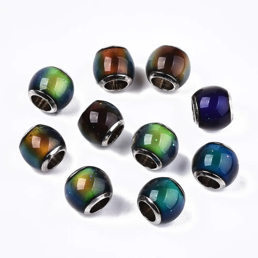 5pcs Glass Beads Large Hole Beads with  Tone Brass Double Cores Rondelle Changing color Mood Beads Colorful 7~8x6~7mm Hole: 4mm