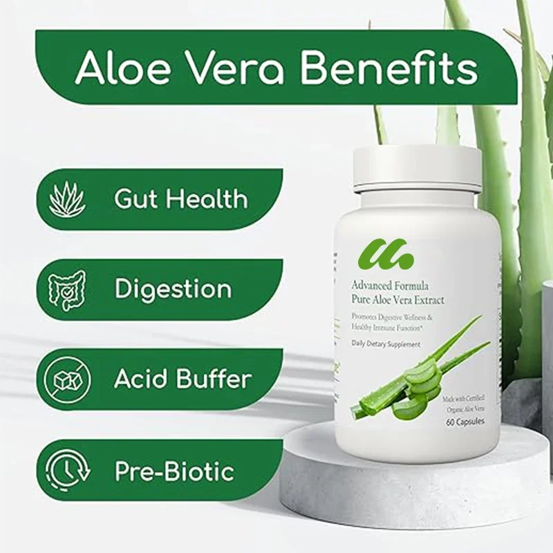 Organic aloe vera capsules, intestinal health and digestive comfort, gastric acid buffer, natural immune supplements