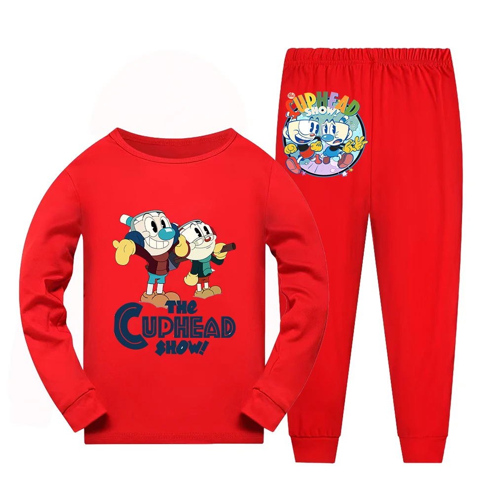 Ropa para niños, conjuntos de pijamas de dibujos animados, ropa de dormir informal Cuphead para niños pequeños, Tops de manga larga y pantalones, conjunto de 2 uds.