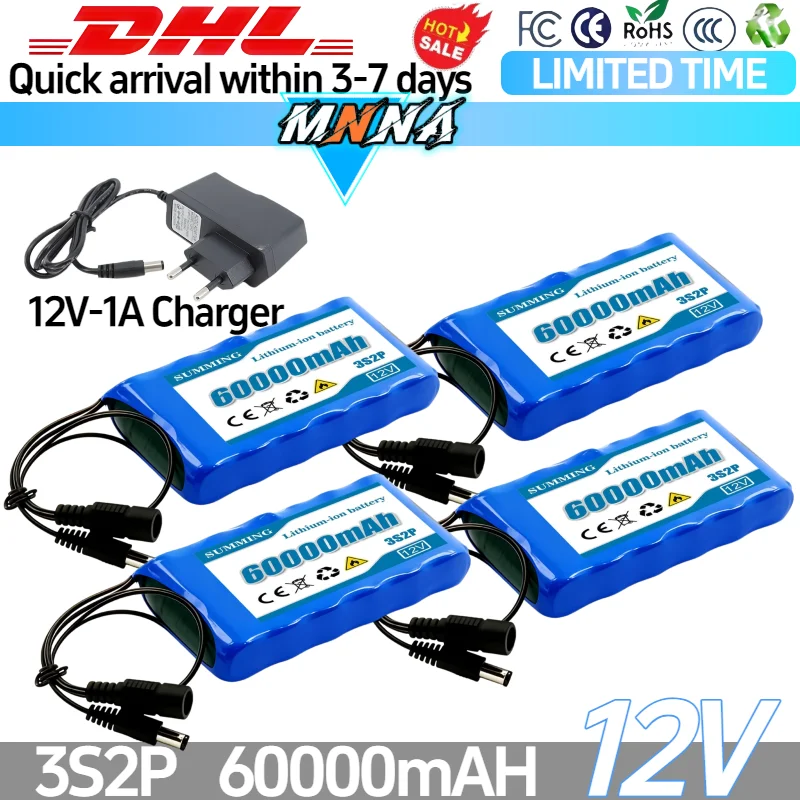 

2026 Portable Super 12V 60000mah Rechargeable Lithium Ion Battery Pack Capacity DC 12.6v 30Ah CCTV Cam Monitor + Charger