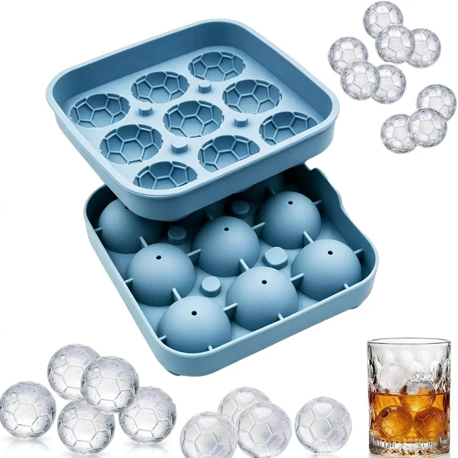 Soccer Ball Ice Cube Molds,9/4 Cavity Silicone Football Ice Mold Reusable Sports Ice Maker Mold for Game Day Party Suppliess