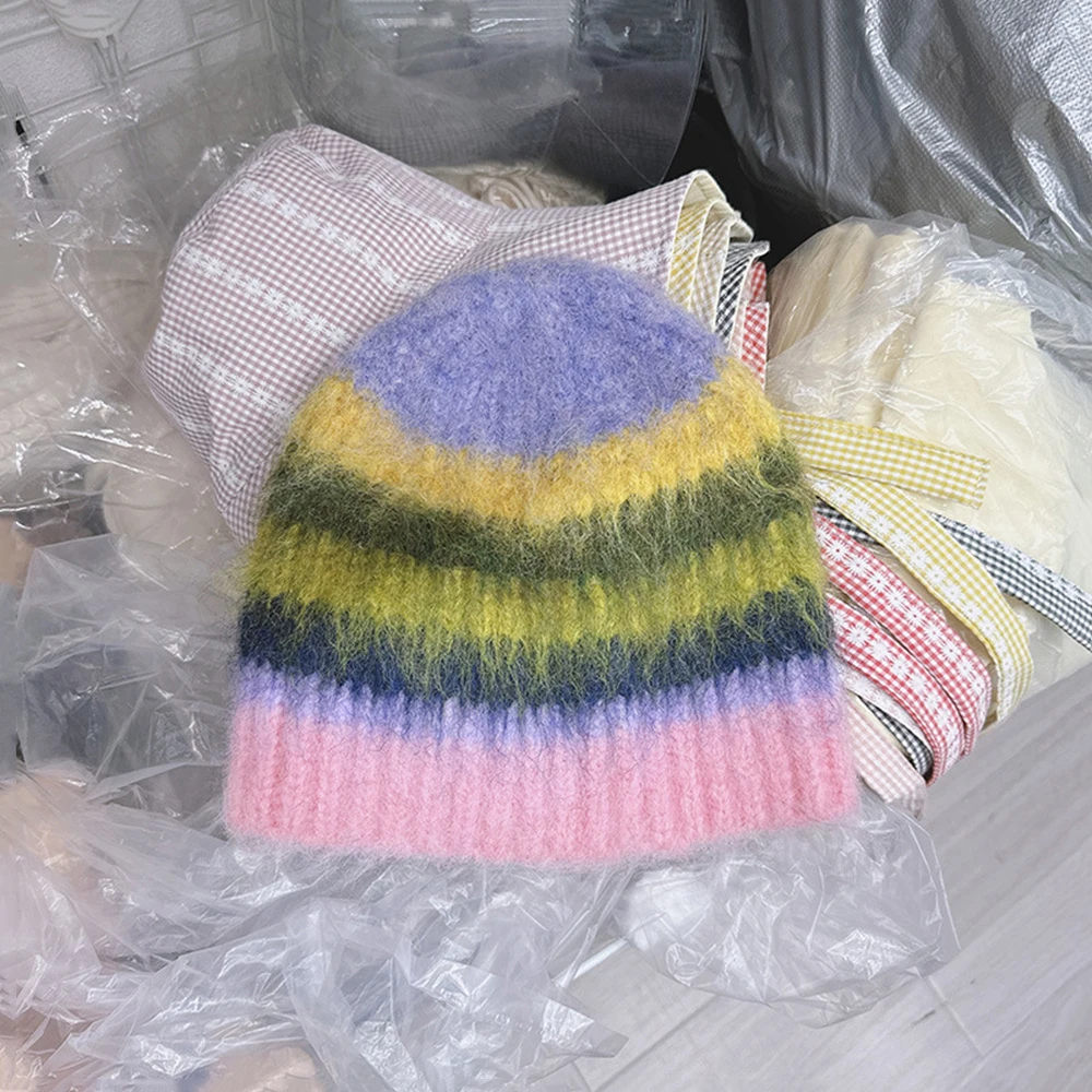 Korean Colorful Plush Bucket Hat Ins Dopamine Women Autumn Winter Contrast Striped Wool Beanies Hat Female Warm Fisherman Hat