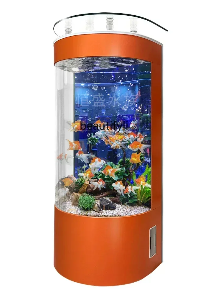 

X Fish Tank Living Room Small TV Cabinet next to Integrated Medium and Large Glass Semi-Cylindrical Aquarium