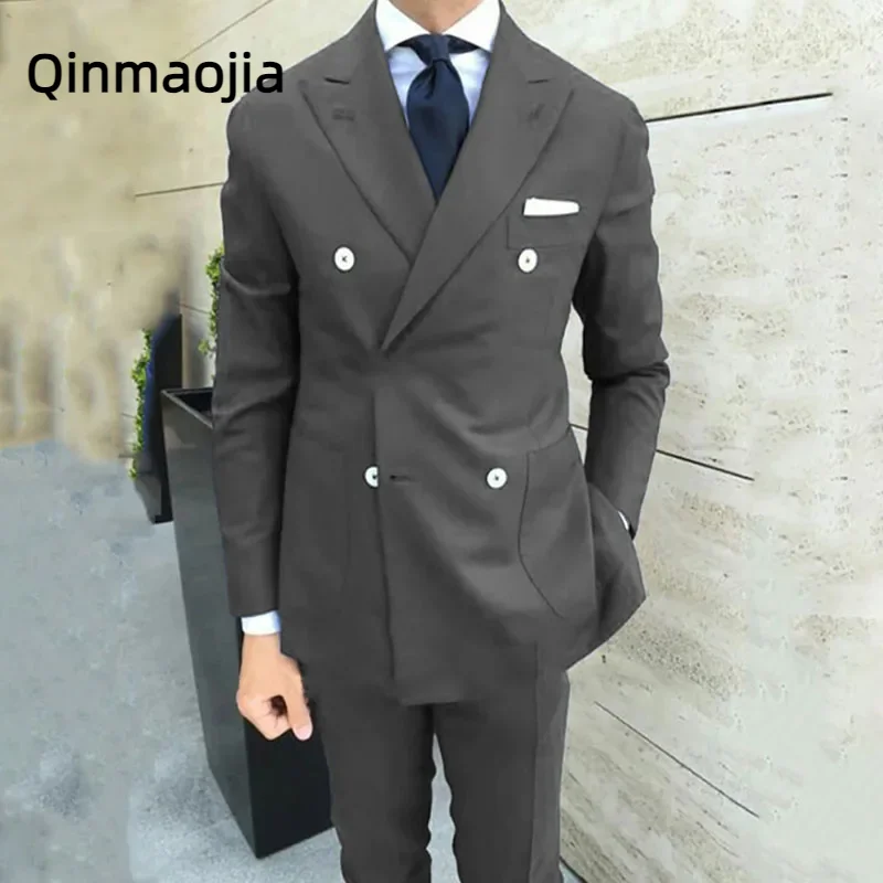 

Fashion Customized Double Breasted Tuxedo For Grooms Wedding 2 Piece Pants Set Formal Dinner Mens Suits Masculino Costume