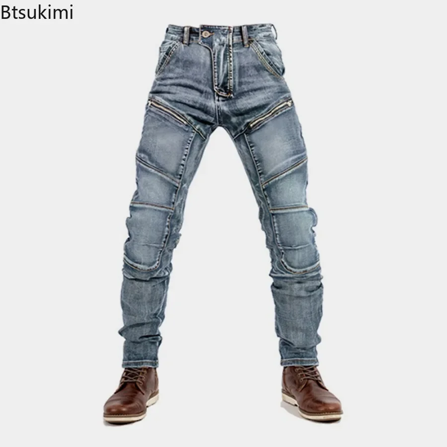 

2025 New Fashion Versatile Jeans Men Riding Denim Pants Zipper Straight Trousers Pockets Splice Slim Fit High Waist Casual Jeans