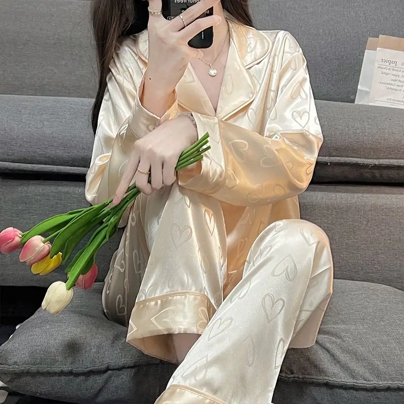 Ice Silk Pajamas for Women Spring and Autumn Pijama Long Sleeves 2025 New Soft Comfortable Kawaii Clothes Sleepwear Women 2pcs