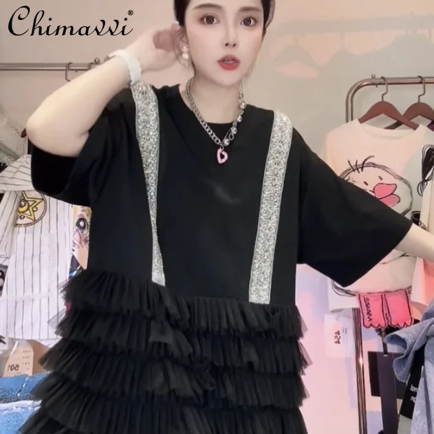 オリジナル新作ヘビーインダストリーレーススプライシング半袖ルーズTシャツワンピースラウンドネックレディースルーズロングTシャツ