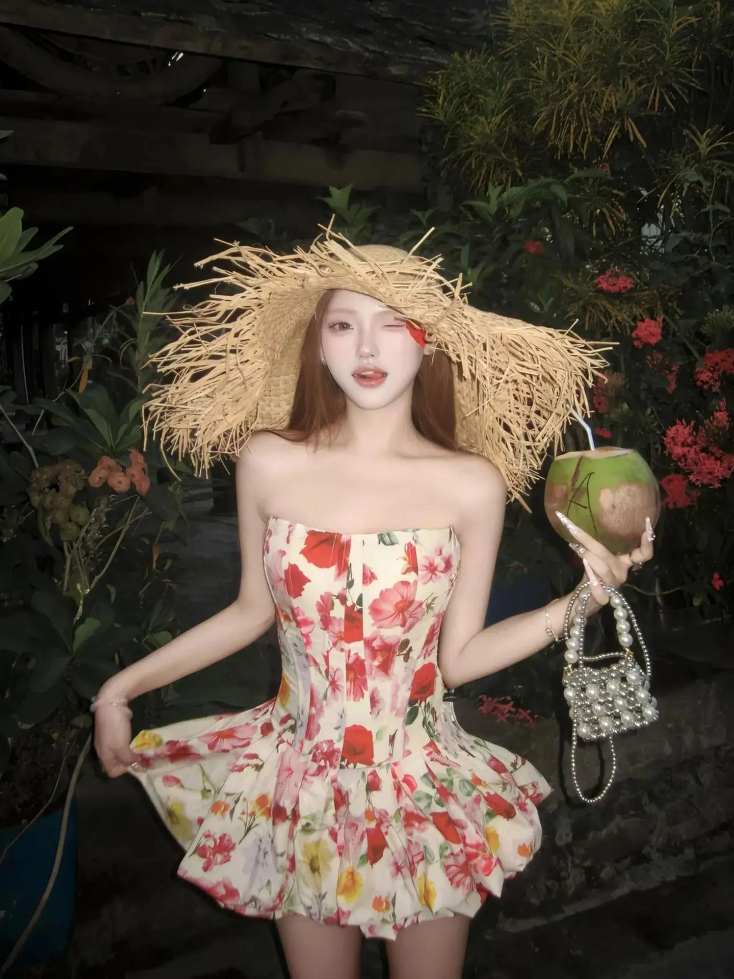 

Burjuman Vintage High-End Fishbone Print Tube Top And Skirt Set Women's Floral Casual Spring Summer Outfit Korean Style