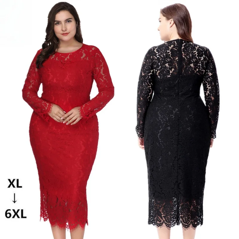 

European and American plus Size Women's Clothes Long Sleeve Lace Slim Dress