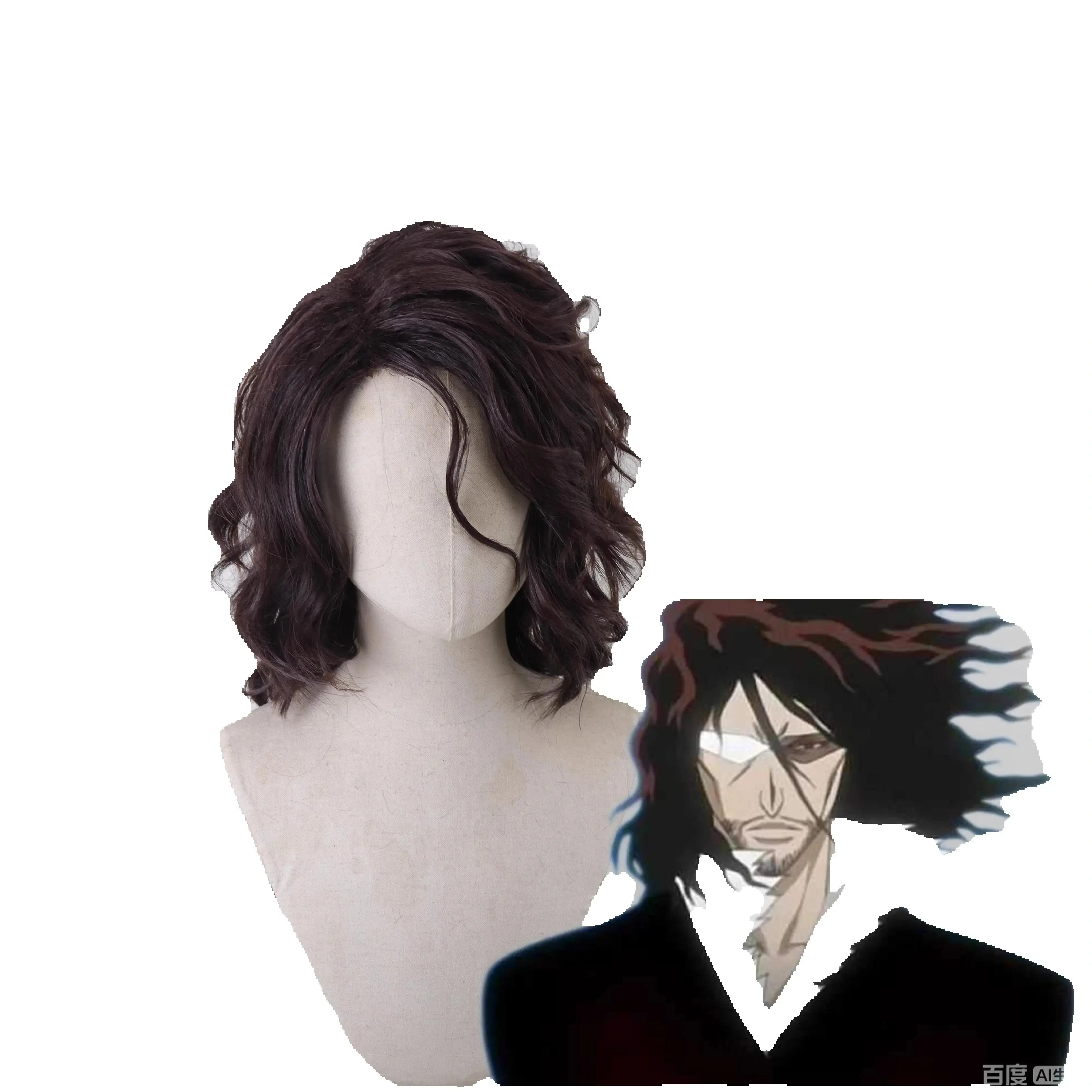 Men's Curly Wavy Burgundy Wig Medium Length Heat Resistant Synthetic Hair Anime Character Cosplay Costume Wig with Free Wig Cap