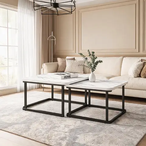 Square Nesting Coffee Tables Set Of 2, Space Saving Small End Table Set For Living Room Bedroom Balcony, Fluted Side Tables Set