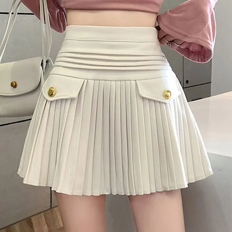 Autumn Winter Pleated A-Line Skirts High Waist Elegant Women's Clothing Korean Fashion Spliced Basic Solid Color Mini Skirts New