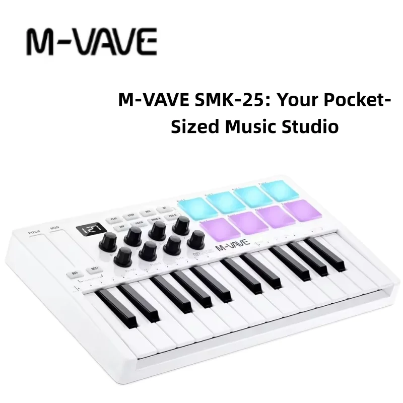 M-VAVE SMK-25 Portable 25-Key MIDI Controller with 8 RGB Drum Pads & 8 Knobs USB Keyboard for Beginner Studio DJ Beat Making