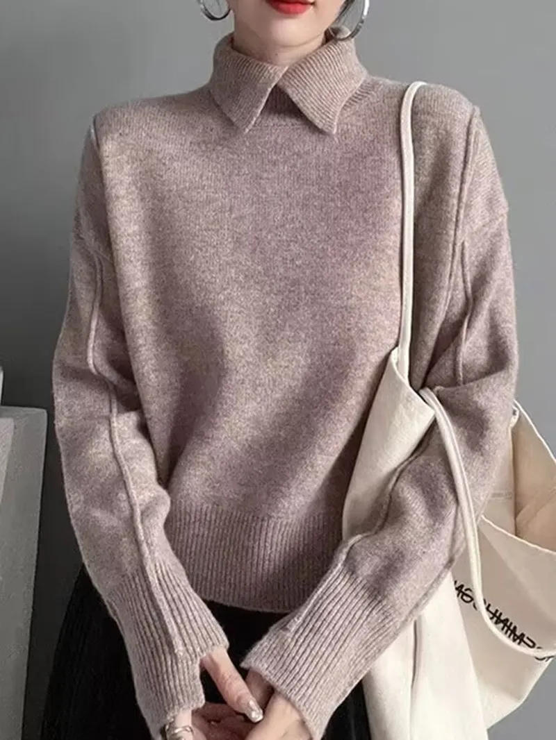 Polo Collar Knitted Sweater 2025 New Autumn Winter Women Elegant Solid Color Sweater Female Soft Pullover Casual Bottom Shirt