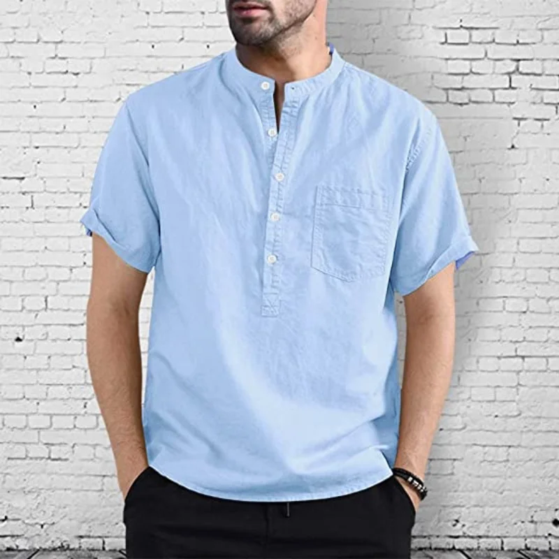 Casual Cotton Mandarin Collar Button Up Short Sleeve Shirt With Chest Pocket, Men\'s Hawaiian Shirt For Summer