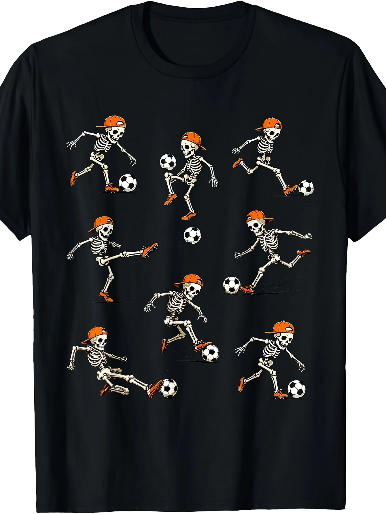 Halloween Skull Kicker Fun Soccer Player T-Shirt Solid Color Large Size Men's Cotton T-Shirt, Suitable for All-Day Wear, Size S-XXXXL