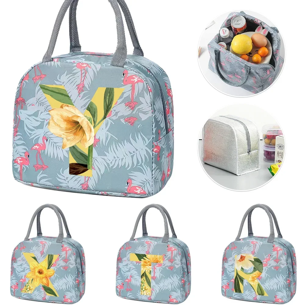 

Zipper Lunch Bag for Kids Design Blue Flamingo Color Lunch Box Microwave Safe Dinner Box Printing Floral