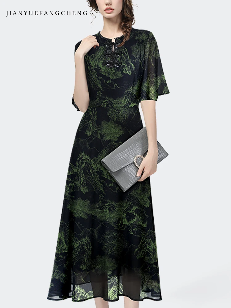 Womens Summer Green Printed Dress Chiffon Long Dress Short Sleeve Crew-neck High Waisted A-line Vintage Female Art Maxi Dresses