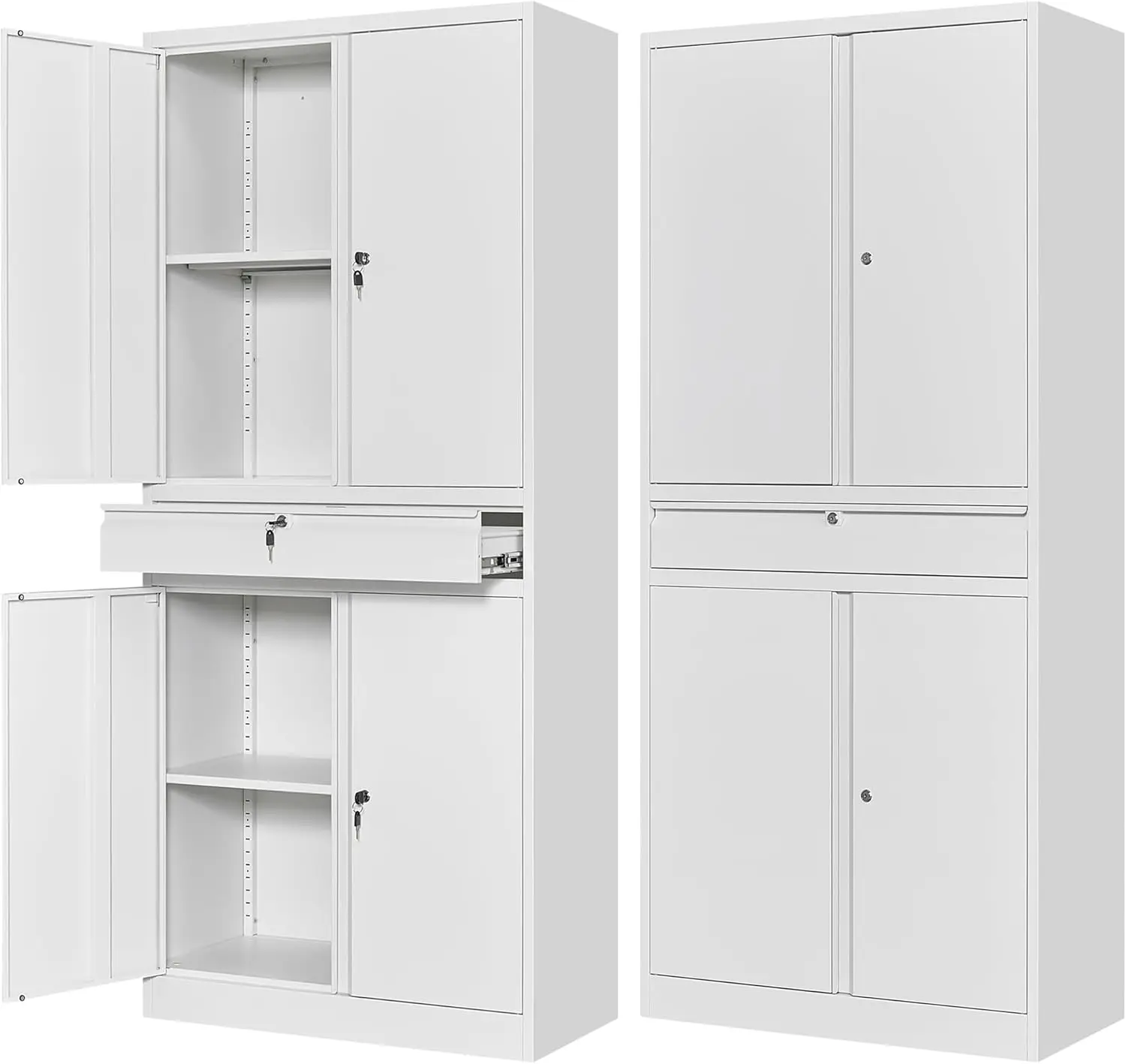 Metal Garage Storage Cabinet with Drawer,4 Door Tool Cabinet with Lock-2 Adjustable Shelves for Garage Home Office (White)