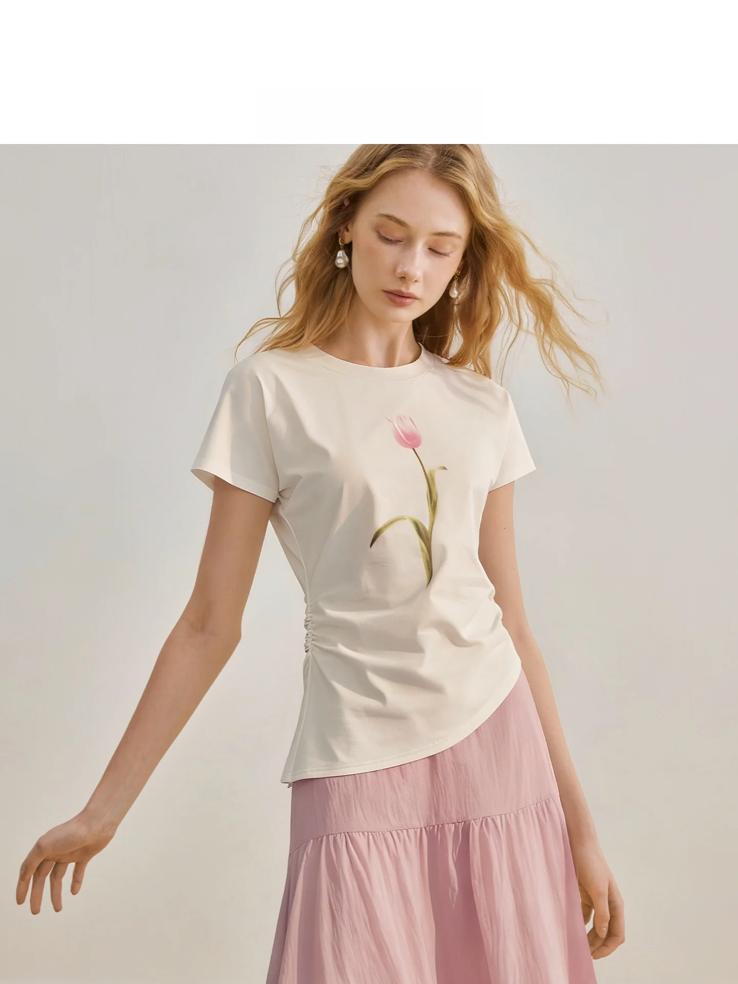 

Original AEL Studio Women's Short Sleeve T-Shirt Summer 2026 Folded Waist Tulip Print Cotton Blend Regular Fit Commute Style