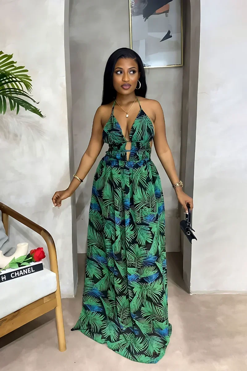 

GUWU Leaf Printed Spaghetti Strap Backless Deep V-neck Straight Maxi Long Dress Women Beach Sexy Street Vestidos Dresses