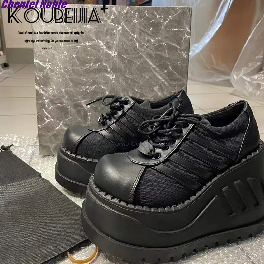 Platform Height Increasing Sneaker Big Round Toe Black White Punk Niche Thick Shoes Wedges For Women Fashion Party Strappy