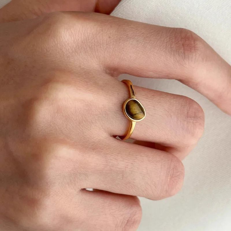 Non Tarnish Vintage Stainless Steel Rings For Women Bohemia Oval Tiger Eye Stone Engagement Rings Gold Color Jewelry