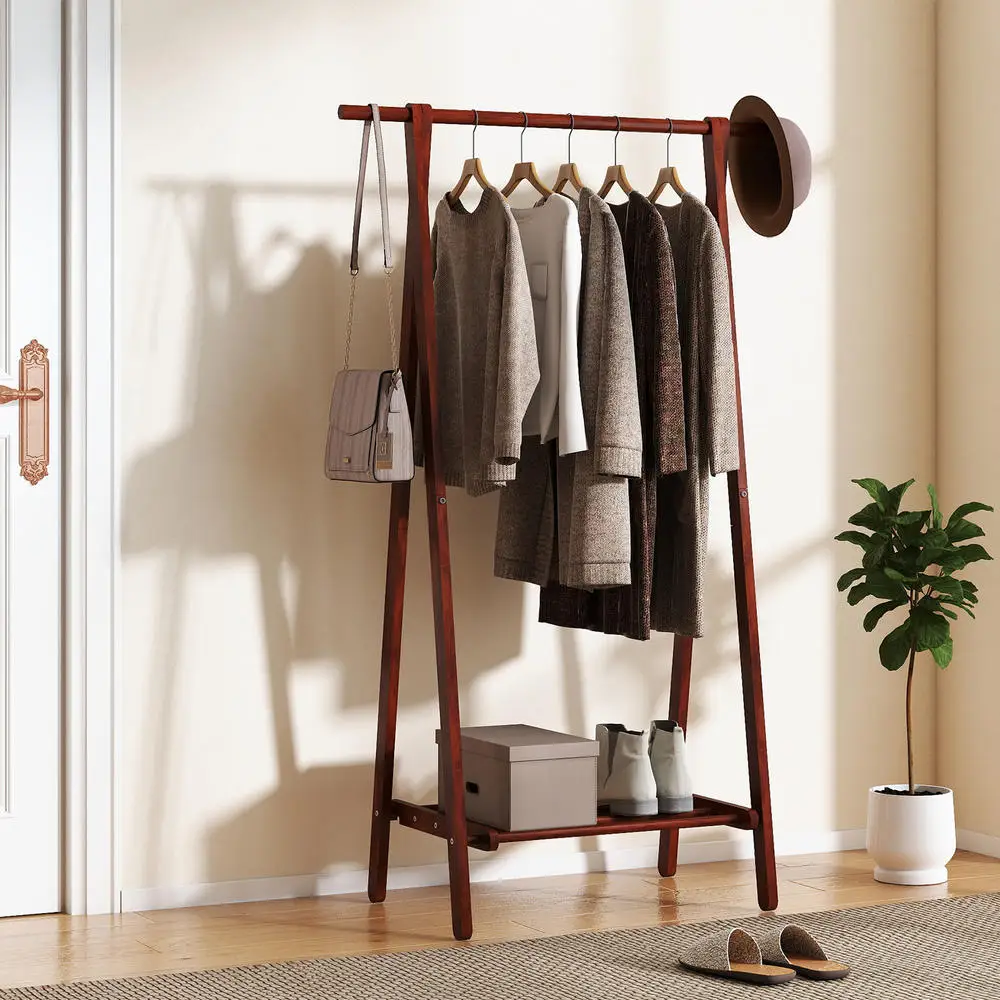 Folding Rubber Wood Clothes Hanging Rack Standing Garment Rack With Bottom Storage Shelf-Walnut