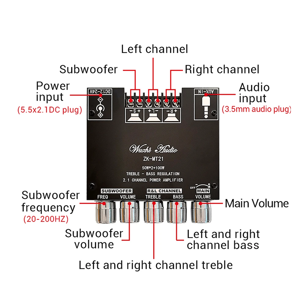 ZK-MT21 2.1-Kanal Bluetooth 5.0 Subwoofer-Verstärkerplatine 100W+50W+50W Leistung Audio-Stereo-Verstärkerplatine Bass-Verstärker AUX – Detail 15