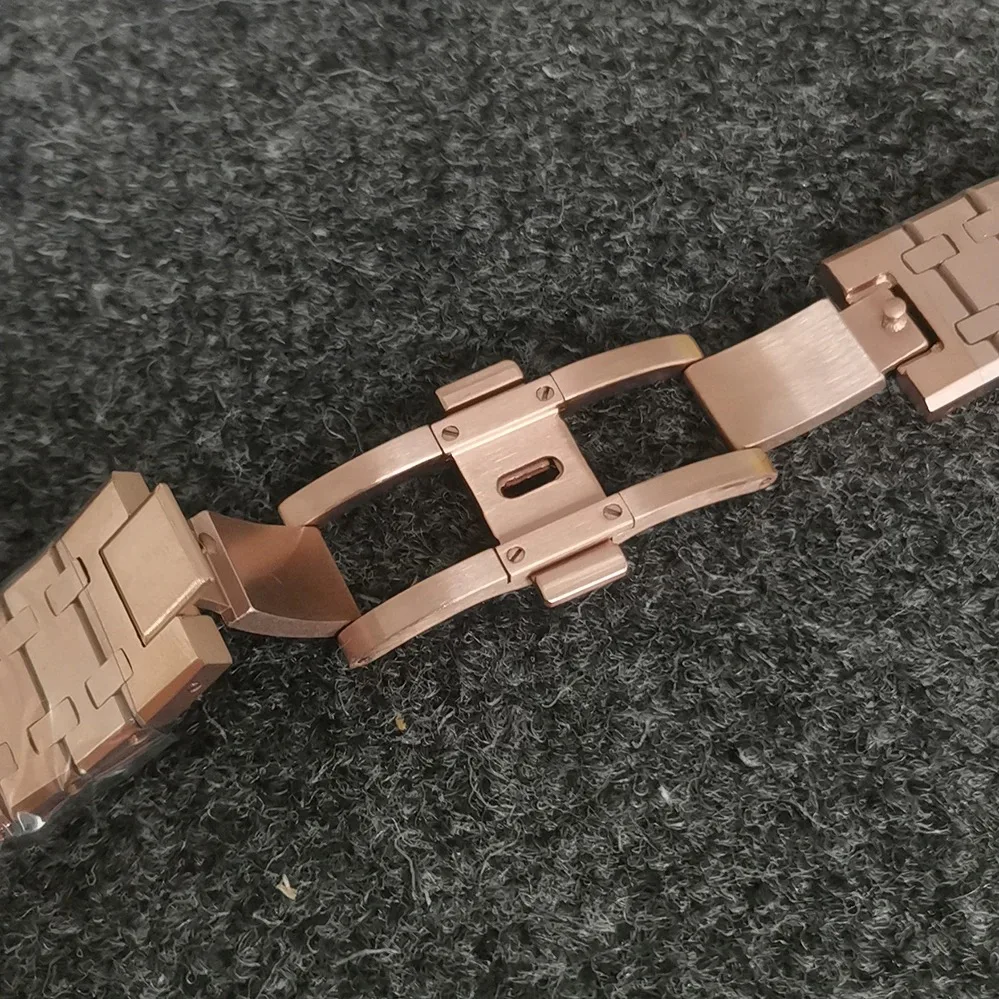 Caja de reloj chapada en PVD, oro rosa, 41mm, con correa de acero inoxidable, adecuada para movimiento NH35/NH36, cristal de zafiro azul, conjunto completo