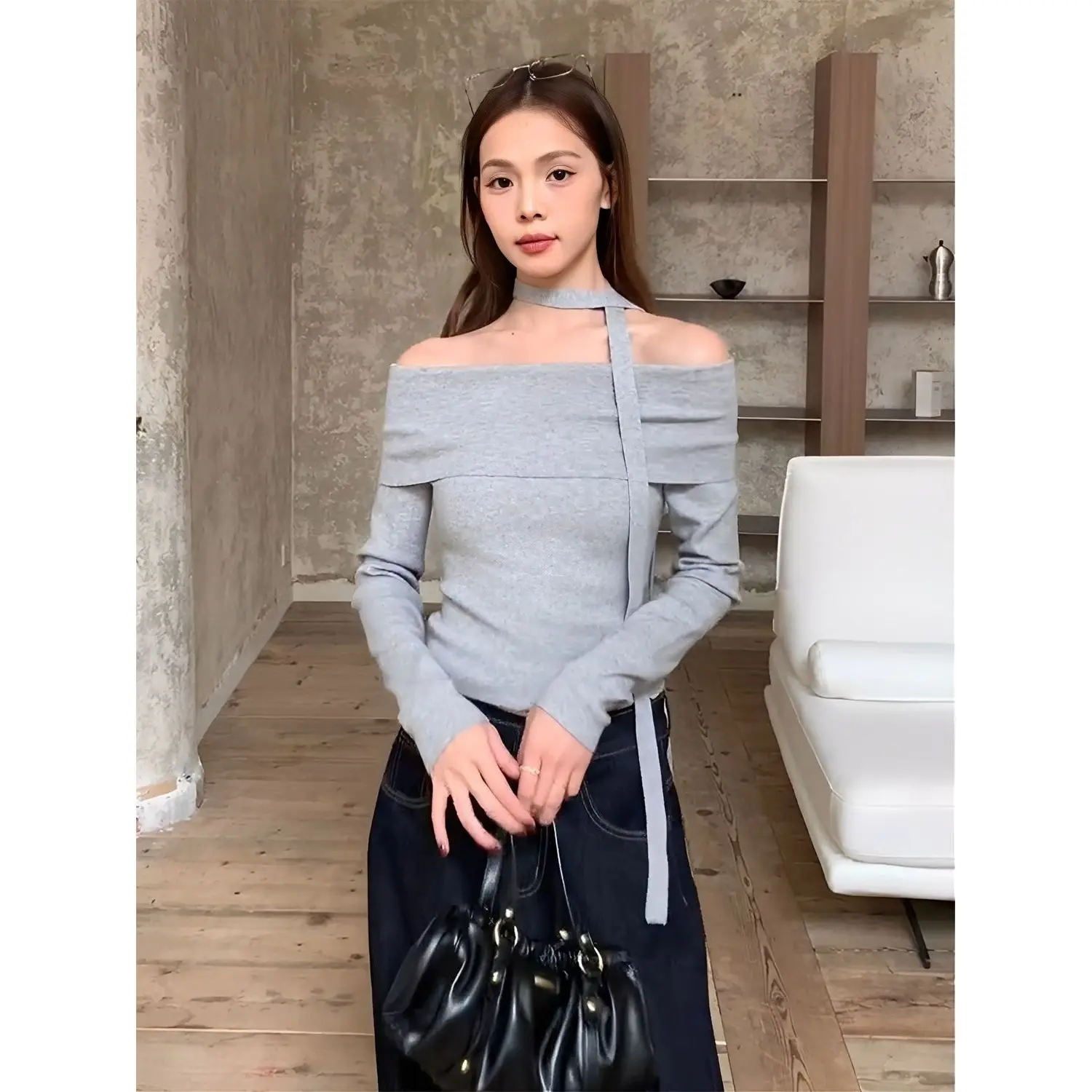 Korean Style Modal Cotton Early Autumn Atmosphere Matching Light Grey One Shoulder Women's Long Sleeve T-Shirt Design Sensati...