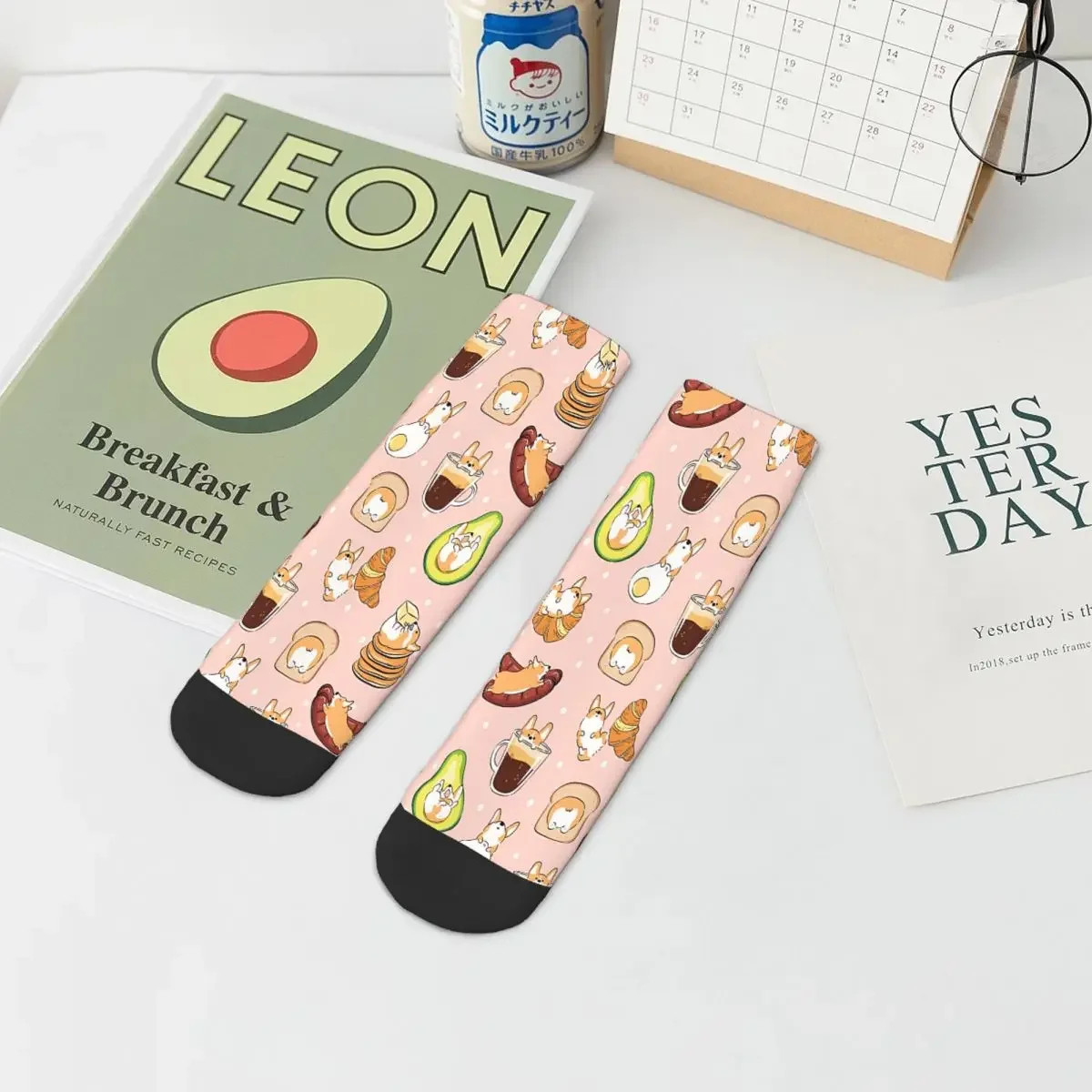 Pink Breakfast Corgi Ankle Socks Male Mens Women Spring Stockings Printed