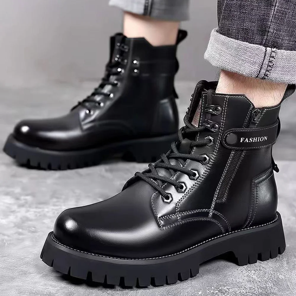 Men\'s Motorcycle Boots Casual Shoes Male Western Cowboy Boots Chelsea Ankle Botas High-Top Zipper Outdoor Leather Goth Boots