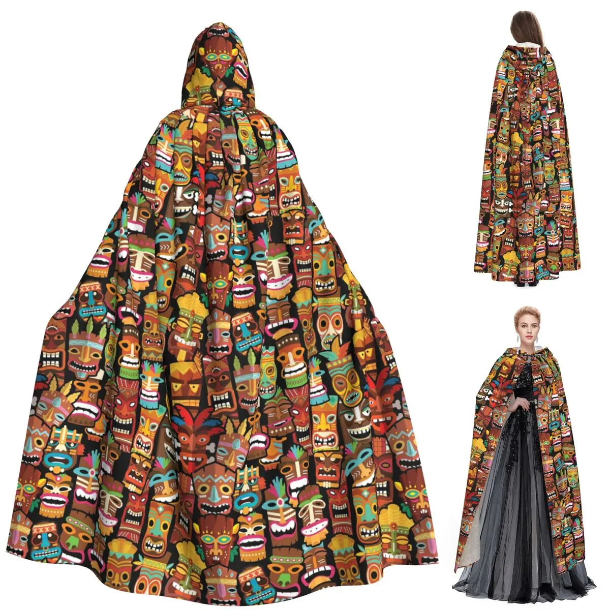 Ethnic Totems Of Indians Tiki Long Hooded Cloak Witch Medieval Costume Cosplay Cape HalloweenVampire Adult Unisex