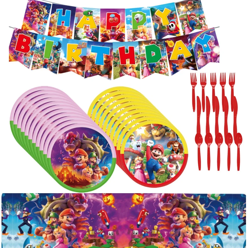 Cartoon Game Super Bros Birthday Decorations Disposable Tableware Set Cup Plate Cupcake Decor Baby Shower Boys Party Supplies