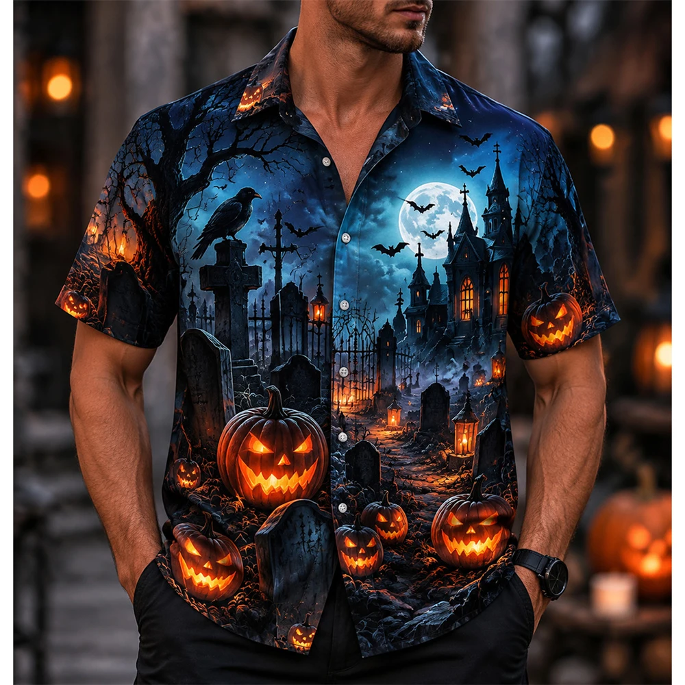 Halloween Graffiti Pumpkin Shirt for Men 3D Print Ghost Spider Web Short Sleeve Shirt Neon Horror Party Costume Streetwear Top