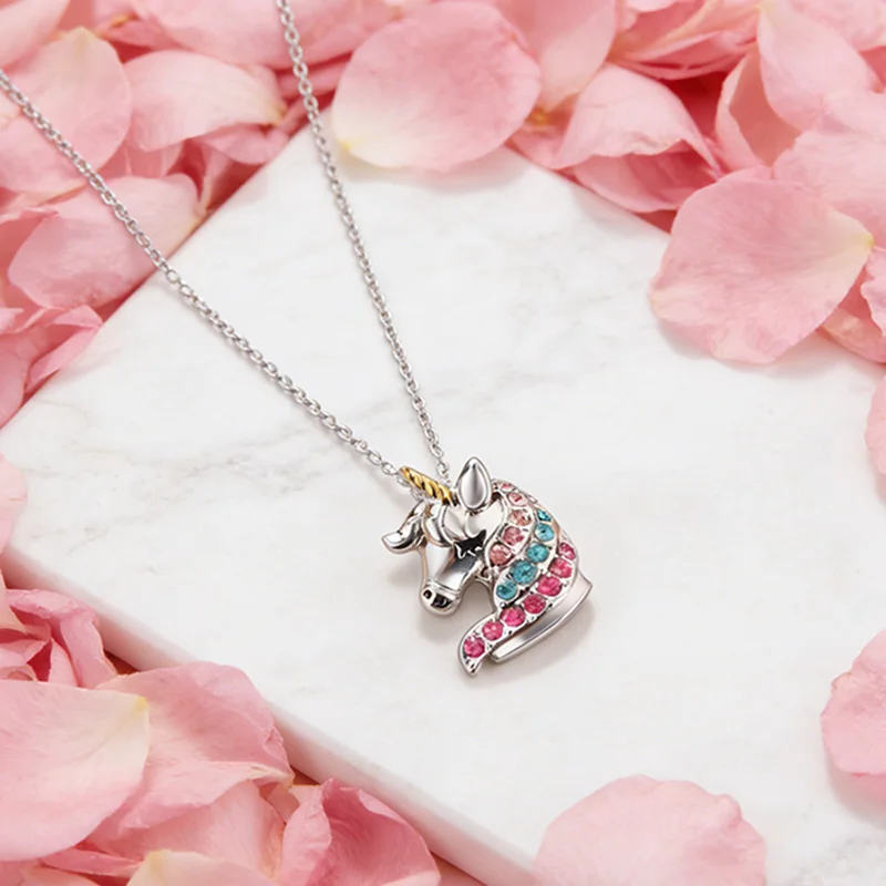 Colored Rhinestone Unicorn Necklace Cartoon Horse Pendant Necklaces For Girls Boys Children Jewelry Gifts