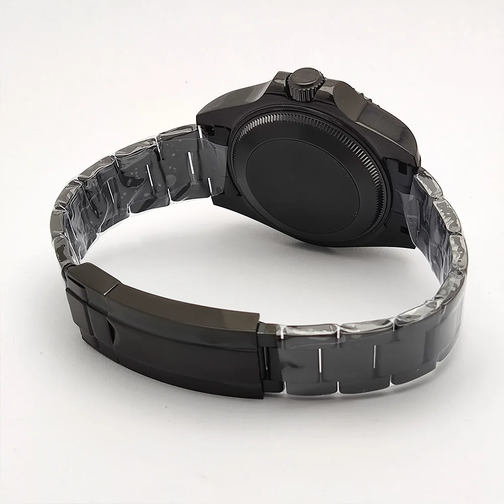 44mm NH35 시계 블랙 스테인리스 스틸 손목시계 사파이어 글라스 방수 남성용 시계 NH35 무브먼트 오토매틱 시계 DIY 로고