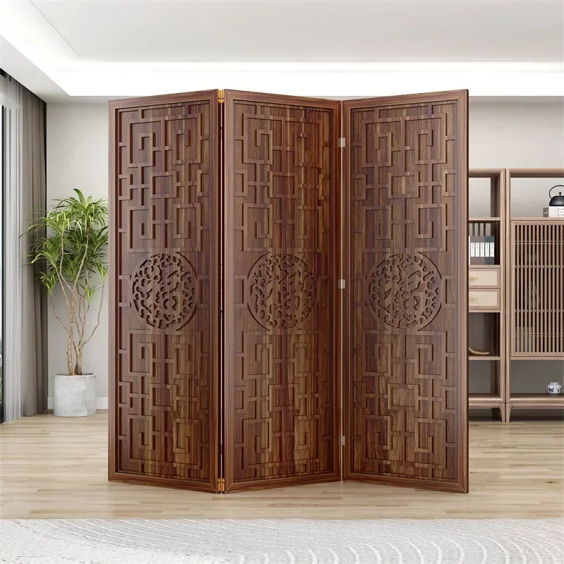 New Chinese wooden screen partition living room office entrance folding screen modern simple grille blessing decorative seat