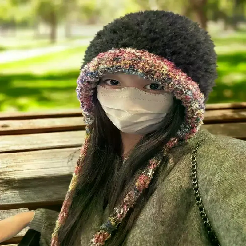 الشتاء النساء الدافئة الأذن حماية قبعة عصرية ومتعددة الاستخدامات محبوك قبعة مزدوجة الغرض حقيبة كروسبودي مقنعين قبعة