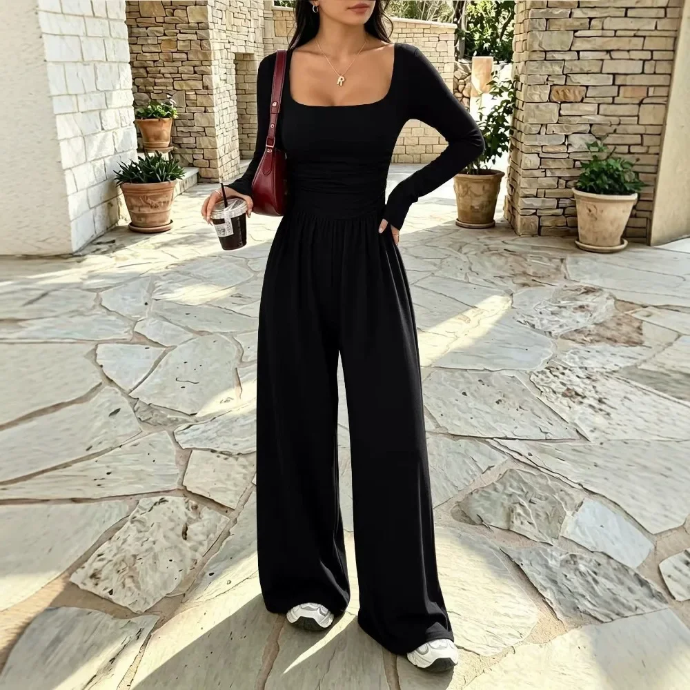 Women Solid Long Sleeve Wide Leg Jumpsuit Minimalist Casual Loose Fit Breathable Soft Flattering Daily Office Commute Comfy