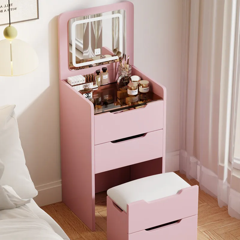

Modern Creamy Foldable Dressing Table Bedroom Mini Flip Top Bedside Storage Cabinet Vanity Makeup Set with Standing Mirror