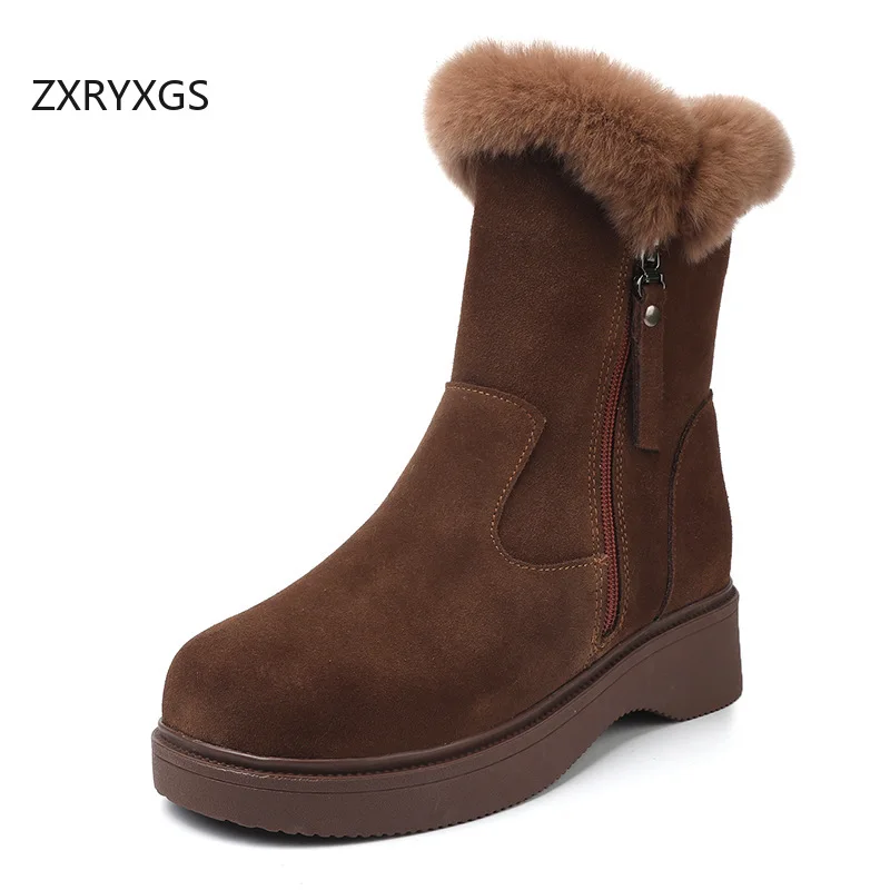 

ZXRYXGS First Layer Frosted Cowhide Rabbit Fur Decoration Women Fashionable Boots Snow Boots 2025 Winter Warm Large Size Boots