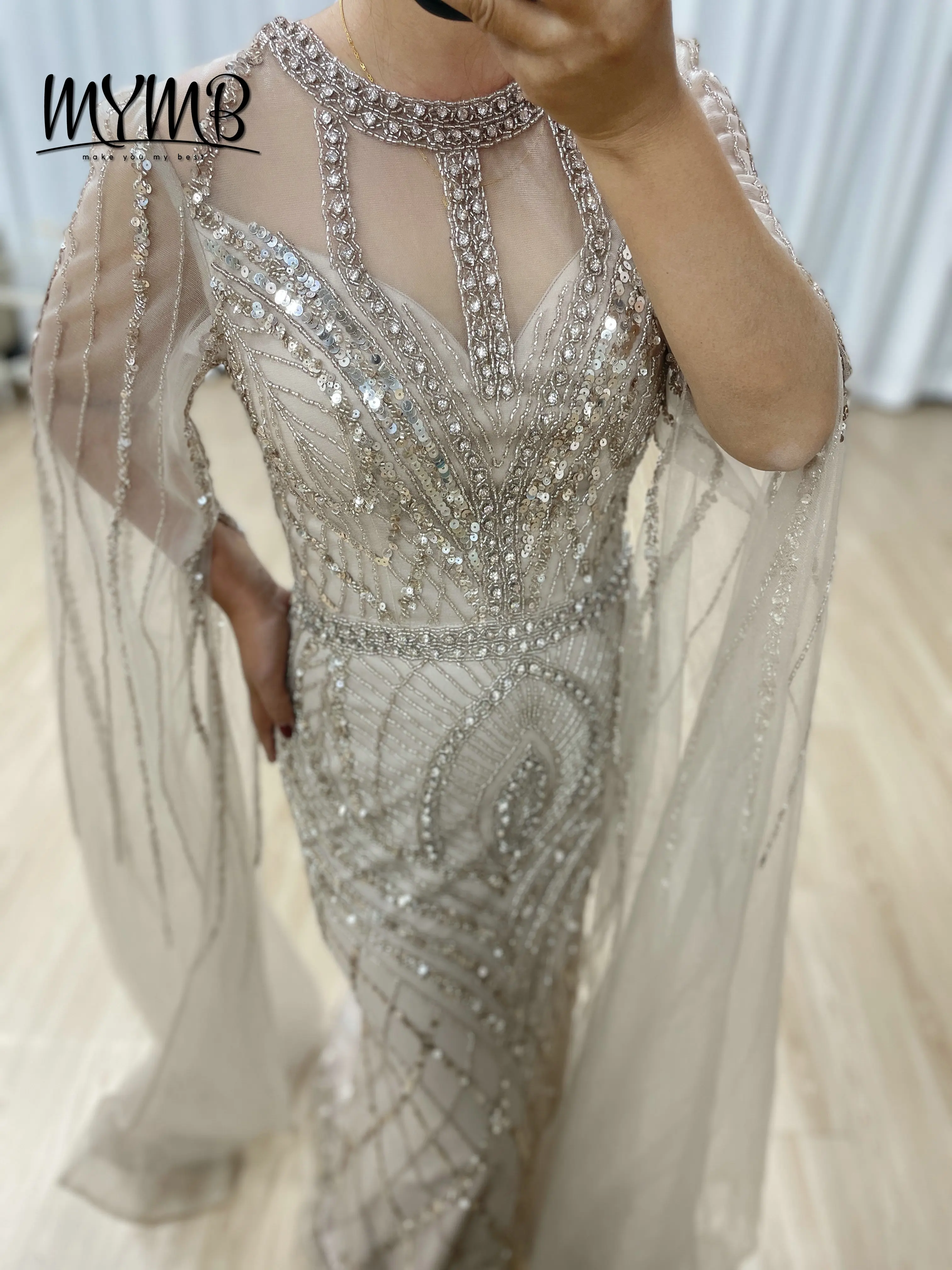 MYMB Robe Couture de luxe adaptée au Banquet orné de paillettes de perles brodées exquises avec manches élégantes MB40291-2