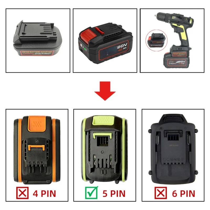 Battery Adapter Converter For Devon 20V Li-ion Battery to For Worx 20V 5pin Green Big Foot Electric Power Tools Adapter