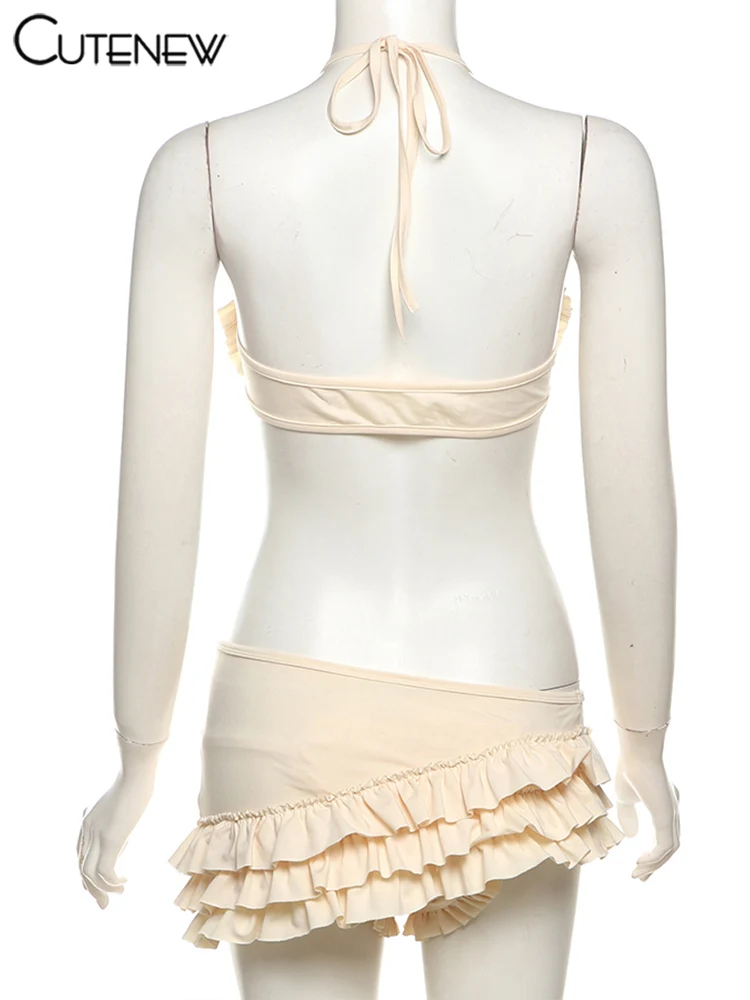 Cutenew Ruched تقليم 2 قطعة المرأة مثير الصلبة مذهلة ضمادة غير النظامية الدبابات كشكش كومة التنانير الصغيرة مع السراويل الشاطئ دعوى #6