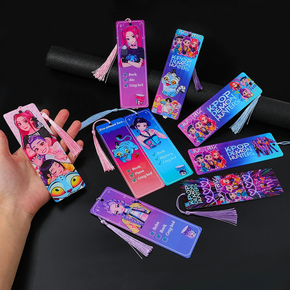 Marque-pages acryliques Kpop "Demon Hunters" avec pompons – Motifs d'idole colorés et de dessins animés, marqueurs de page durables pour les fans de Kpop.