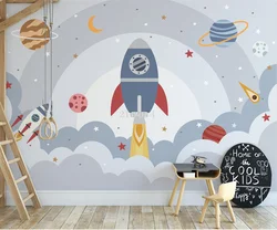 photo wallpaper Nordic modern hand-painted cartoon space universe planet rocket children's room background Decorative painting