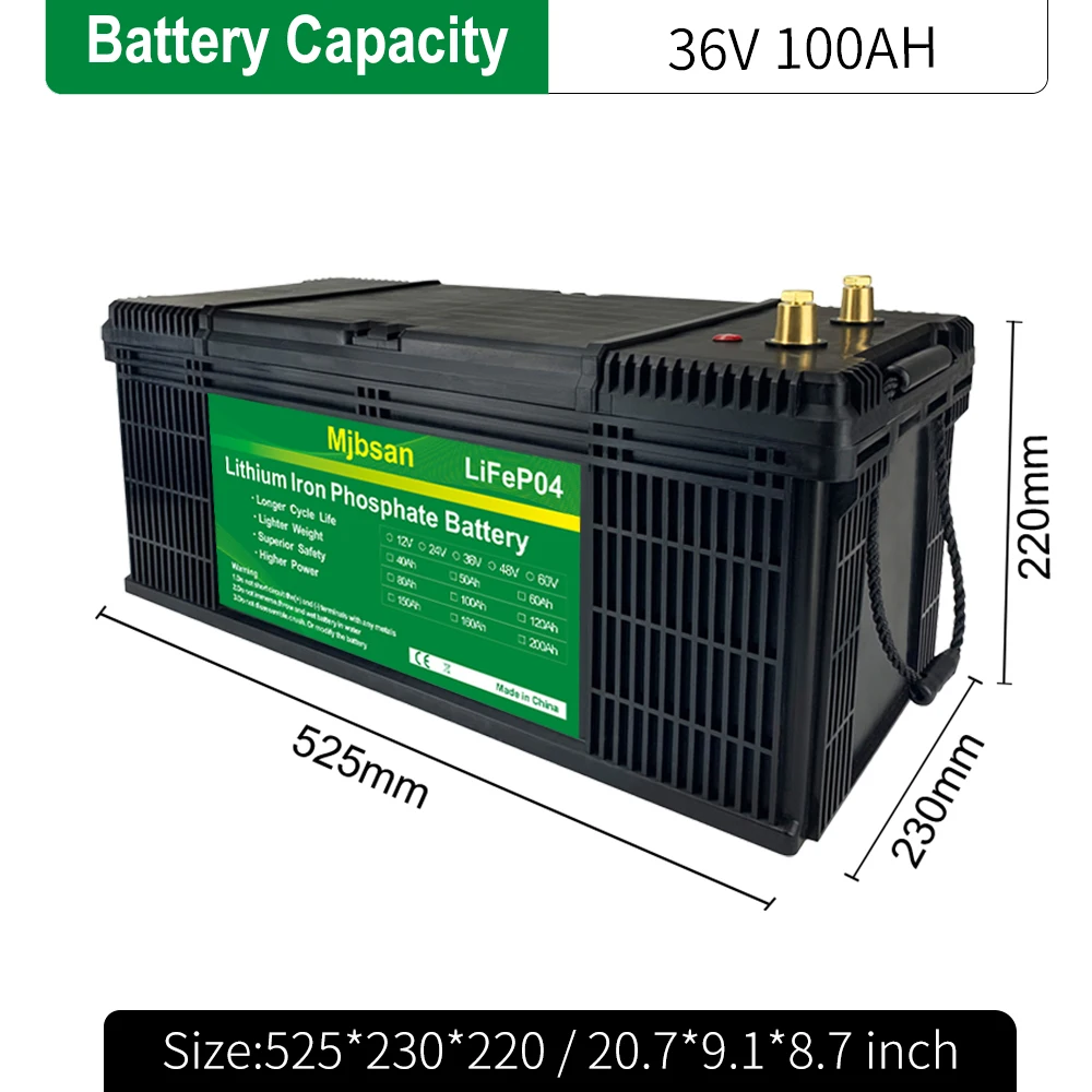 36V 100Ah LifePo4 Battery 4000+ Deep Cycles with BMS Lithium Iron for RV Campers Solar Marine Energy Reserve Power Supply