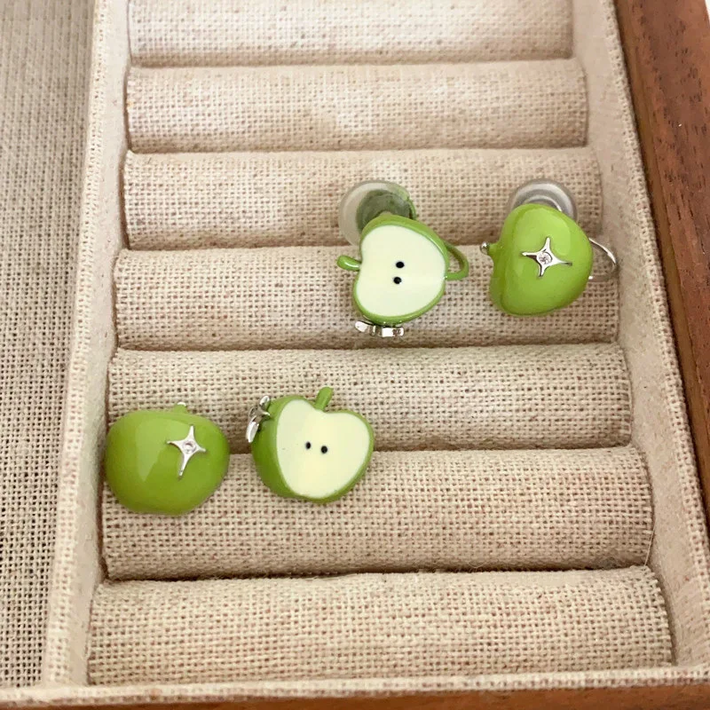 Apple Stud Earrings Green Cute Unique Resin Enamel Lightweight Alloy Gold Tone Dainty Quirky Jewelry for Women Daily